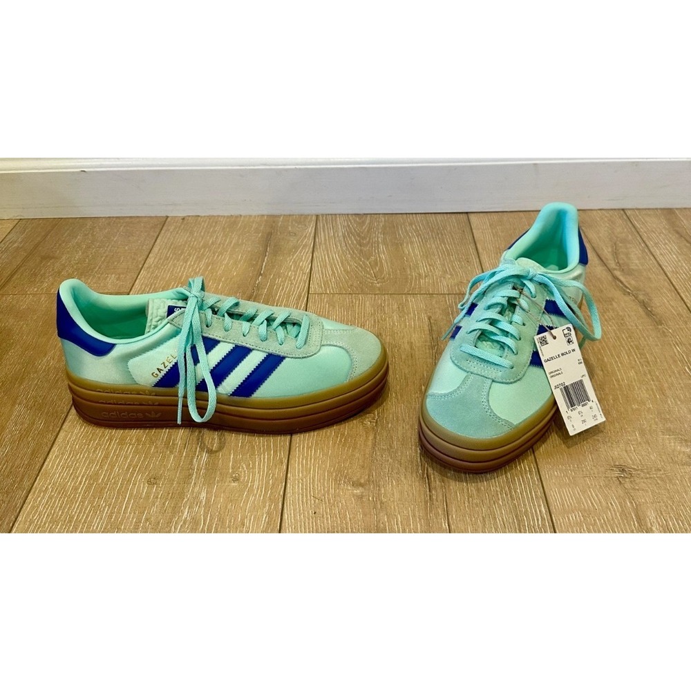 adidas Originals nwt Gazelle Bold Mint Blue Metallic Gold Casual J12702 Womens 8